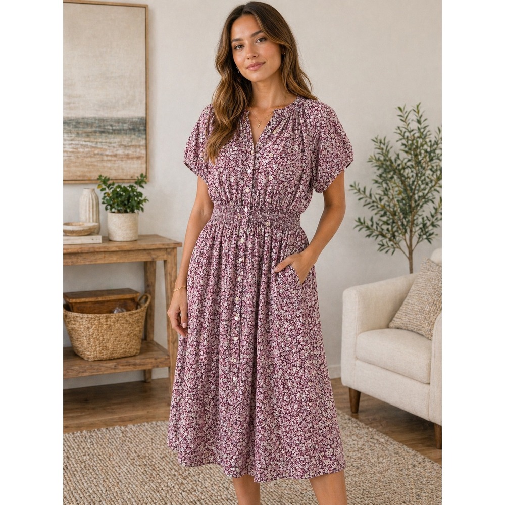 Gap Floral Dress Smocked Waist Midi Purple White Button Front‎ XXL New